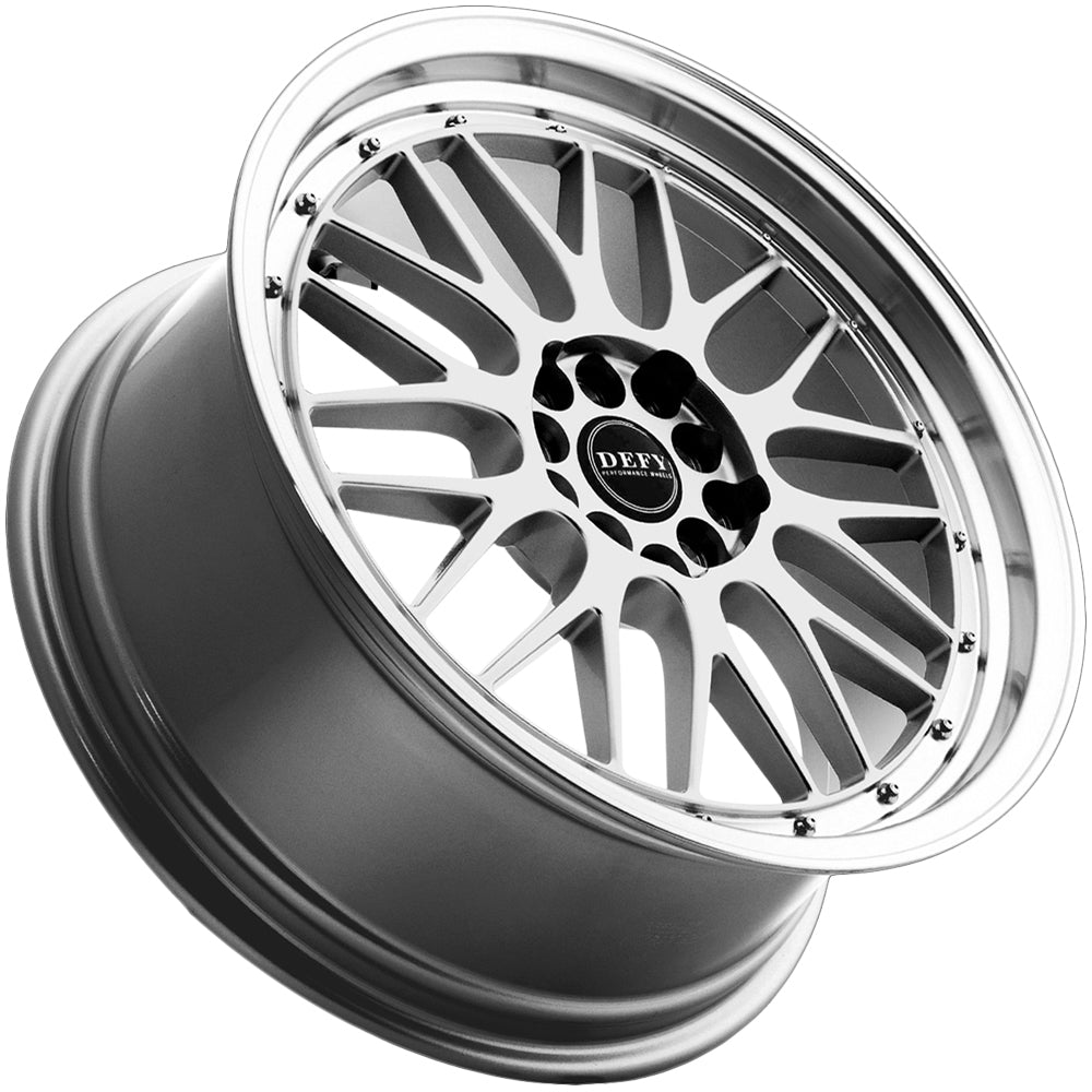Defy D23 18x8 Silver Machine - Angled Concave Profile View